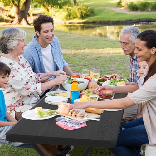 S AFSTAR Picnic Table, 59” Plastic Picnic Table with Benches, Steel Frame & Wood-Like Texture Tabletop, Expanded Rectangular Camping Table Chair Set for Garden Patio Lawn Deck (Black) - color: Black