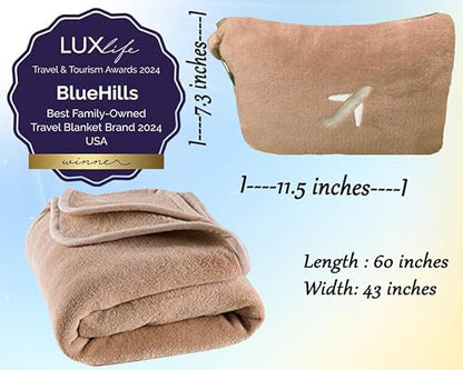 BlueHills Travel Blanket Pillow in Mini Soft Case Premium Plush Airplane Blanket Compact Luggage Belt and Backpack Clip Warm Plane Pillows Traveling Gifts Packable - Beige M06 - color: Beige-m06