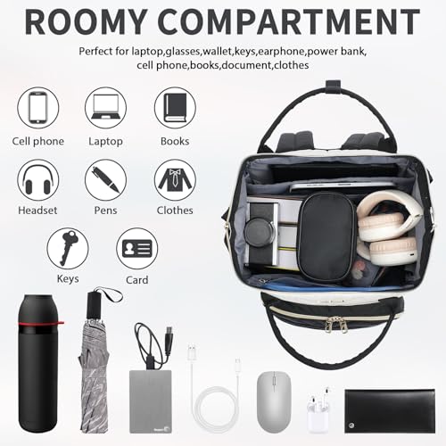 VANKEAN 17 Inch Laptop Backpack for Women Fashion Computer Work Bag, Large Capacity Waterproof Backpack, College Daypack Business Travel, Beige-Black - color: Beige/Black, size: 17.3 Inch
