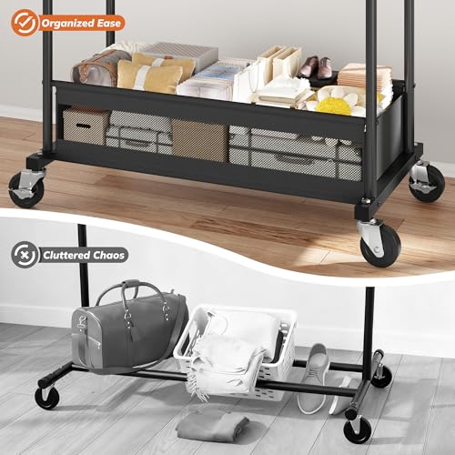 Clothes Rack, Double Rod, 210 LBS, Storage Basket, Black | Rolling Garment Rack with Lockable Wheels for Bedroom, Dorm, Apartment, Laundry Room – Space Saver, Tool-Free Easy Assembly - color: Black