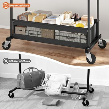 Clothes Rack, Double Rod, 210 LBS, Storage Basket, Black | Rolling Garment Rack with Lockable Wheels for Bedroom, Dorm, Apartment, Laundry Room – Space Saver, Tool-Free Easy Assembly - color: Black