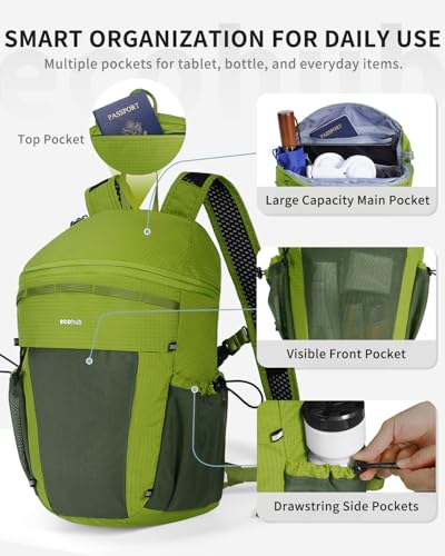 ECOHUB 15L Lightweight Casual Daypack, Packable Backpack for Daily Use, Hiking & Travel, Foldable Small Backpack with Stretch Mesh Pockets, Water-Resistant Nylon, Reflective Design - color: Green