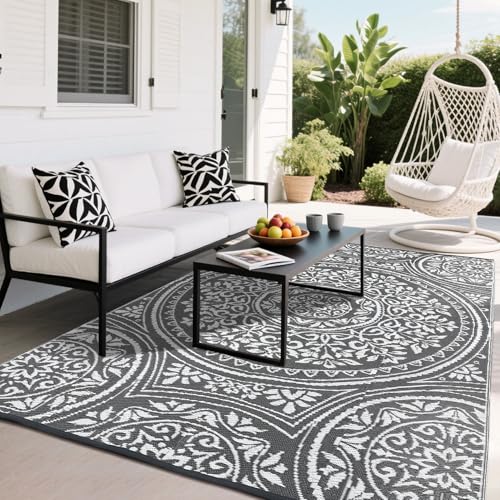 GarveeHome Large Waterproof Outdoor Rug 9x18 Reversible Floral Plastic Straw Rug, Durable UV Resistant Outdoor Carpet, Portable RV Camper Picnic Mat with Stakes & Carry Bag for Yard Poolside, Grey - color: Flower Grey/White, size: 9' x 18' (Rectangular)