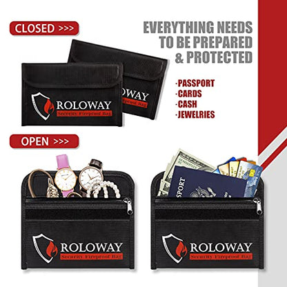 ROLOWAY Small Fireproof Bag (5 x 8 inches), Non-itchy Fireproof Money Bag for Cash, Valuables, Passport, Currency & Keys (2-Pack Black) - size: 8 x 5 inch, style: Black Bag