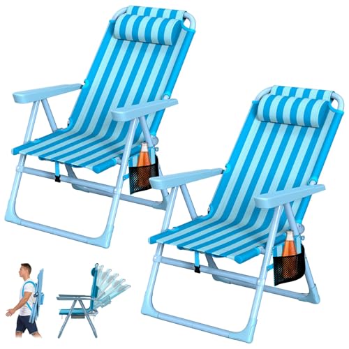 Suteck Backpack Beach Chairs for Adults 2 Pack, 6-Position Folding Reclining Chair with Cooler Bag & Cup Holder, Lightweight Portable Beach Chair for Camping, Outdoor, Sand, Travel Use - color: Sky Blue