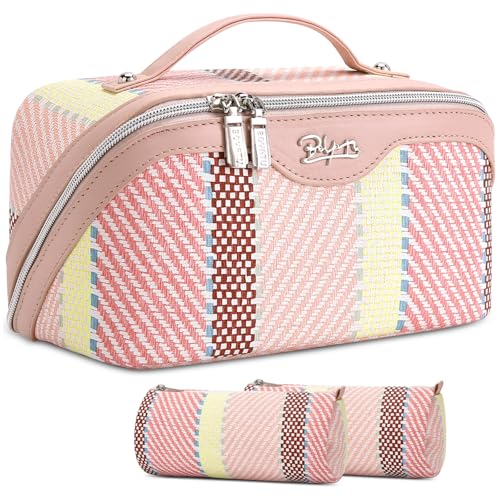 BOYATU Travel Makeup Bag Cosmetic Bag for Women: 3 Pcs Set Make up Bag with Compartments - Waterproof Vegan Leather Toiletry Bags with Handle - Makeup Organizer for Travel Essentials(C-3-Pink) - color: C-3-Pink