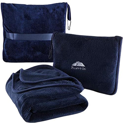 BlueHills Premium Soft Travel Blanket Pillow Airplane Blanket Packed in Soft Bag Pillowcase with Hand Luggage Belt Compact Pack Large Long Flight Essentials Portable Navy Blue T002 - color: Navy-1pk-t002
