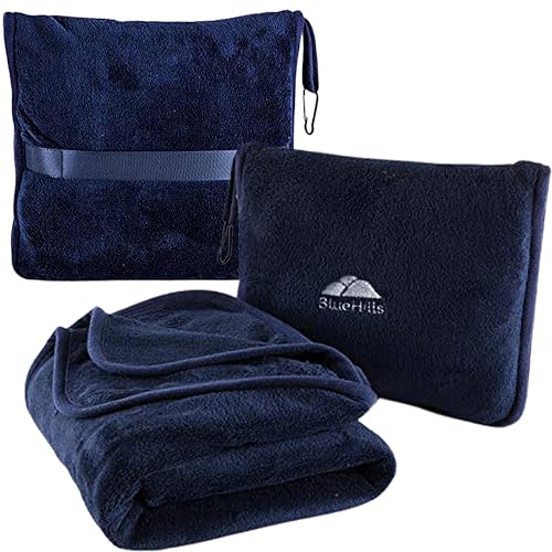 BlueHills Premium Soft Travel Blanket Pillow Airplane Blanket Packed in Soft Bag Pillowcase with Hand Luggage Belt Compact Pack Large Long Flight Essentials Portable Navy Blue T002 - color: Navy-1pk-t002