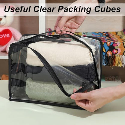 6 Pieces Large Clear Travel Packing Cube Clear Vinyl Zippered Storage Bags See Through Moving Bag PVC Multipurpose Pouch with Handle for Suitcase Shirts Dress Storage (Black, 13 x 9 x 5.1 Inch)
