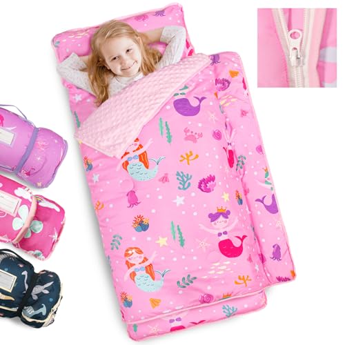 Primlect Toddler Nap Mat Extra Large Thickened 55''x35'', Soft Sleeping Bag with Detachable Minky Blanket and Pillow, Portable for Daycare, Preschool, Kindergarten, Travel, Boys and Girls - color: Pink Mermaid