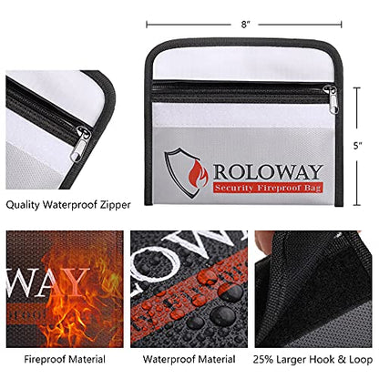 ROLOWAY Small Fireproof Bag (5 x 8 inches), Non-itchy Fireproof Money Bag for Cash, Valuables, Passport, Currency & Keys (2-Pack) - size: 8 x 5 inch, style: Silver & Black Bag