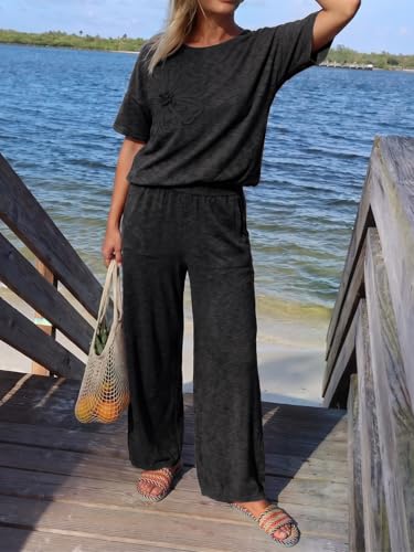 Tankaneo Women's 2 Piece Travel Outfits Casual Short Sleeve Knit Sweater Set Wide Leg Pants Lounge Sets Tracksuit - color: Black/Flower, size: Small