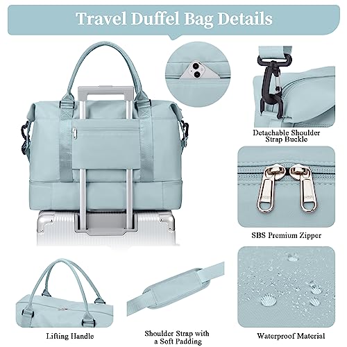 Weekender Bags for Women,Personal Item Travel Bag with Shoes Compartment,Overnight Travel Duffel Bag with Toiletry Bag - color: Light Blue, size: Large