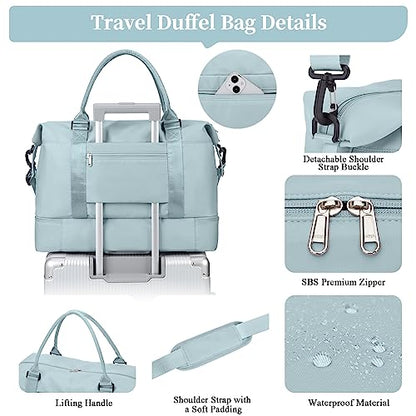Weekender Bags for Women,Personal Item Travel Bag with Shoes Compartment,Overnight Travel Duffel Bag with Toiletry Bag - color: Light Blue, size: Large