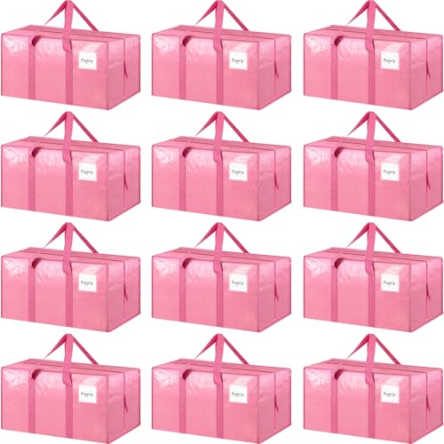 12 Pack Extra Heavy Duty Large Moving Bags with Strong Zipper & Comfortable Handles, Sturdy & Durable Clothes Storage Bags Totes Bins, Packing Moving Boxes for College Supplies, Pink - color: Pink, size: 12 Pack