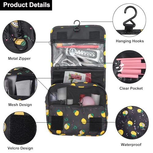 Travel Toiletry Bag for Women, Hanging Toiletry Bag with Multi-Pockets, Toiletry Bag for Traveling Easy Clean, Travel Organizer Bag Black-Lemon - color: Black-lemon