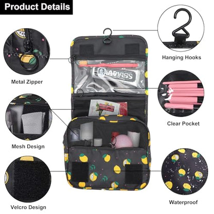 Travel Toiletry Bag for Women, Hanging Toiletry Bag with Multi-Pockets, Toiletry Bag for Traveling Easy Clean, Travel Organizer Bag Black-Lemon - color: Black-lemon