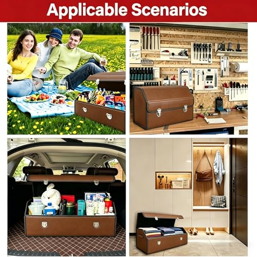 Leather Storage Box Car Trunk Organizer for Trunk SUV Sedan, Leather Foldable Storage Box with Lid (Brown 14.9" L*12.2" W*11.8" H) - size: Brown 14.9"L*12.2"W*11.8" H
