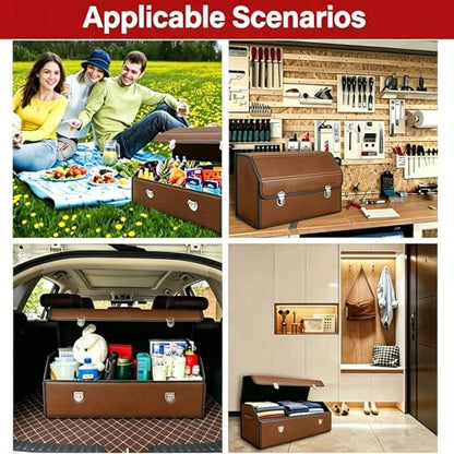 Leather Storage Box Car Trunk Organizer for Trunk SUV Sedan, Leather Foldable Storage Box with Lid (Brown 14.9" L*12.2" W*11.8" H) - size: Brown 14.9"L*12.2"W*11.8" H