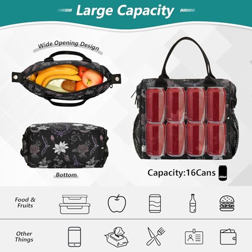 Bat Floral Black Lunch Bag & Lunch Box for Women with Adjustable Shoulder Belt Insulated Portable Lunch Tote Bag Cooler Bag for Girls Travel Office Picnic（Medium） - color: lunch 30, size: Medium