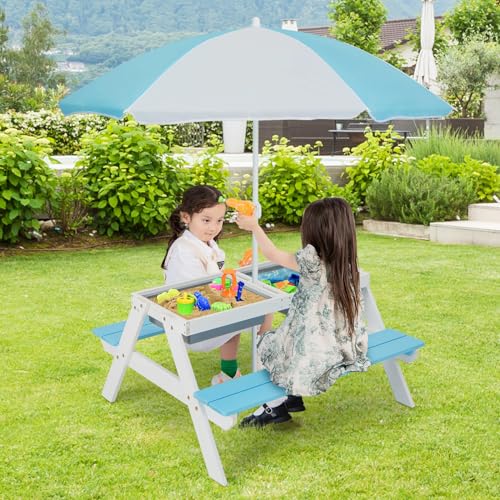 HONEY JOY Kids Picnic Table, 4 in 1 Cedar Wooden Sand & Water Table w/ 2 Removable Box & Umbrella, Kids Picnic Tables for Outdoors Backyard Garden, Toddler Patio Furniture Set for Boys Girls(Blue) - color: Blue