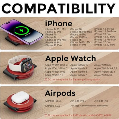 Hicober 3 in 1 Wireless Charging Station for Apple Watch and iPhone Air 17 16 15 14 13 12 Pro Max/Plus, Magnetic Foldable Wireless Travel Charger Station Stand for Airpods iWatch All Series Dark Red - color: Dark Red