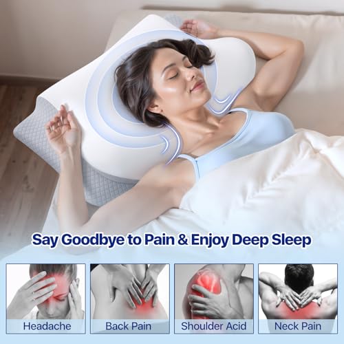 Memory Foam Neck Pillow - Ergonomic Contour Cervical Neck Pillow for Side Back Stomach Sleepers, 2-in-1 Orthopedic Neck Support Pillow with Cooling Pillowcase