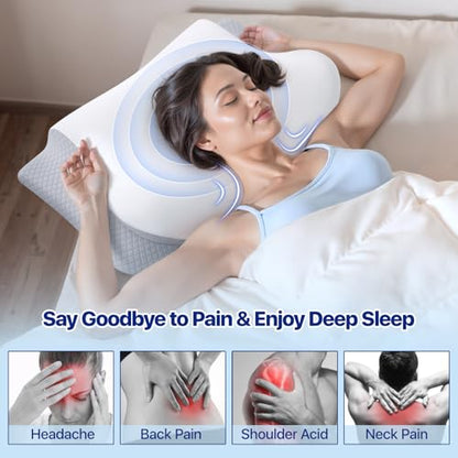 Memory Foam Neck Pillow - Ergonomic Contour Cervical Neck Pillow for Side Back Stomach Sleepers, 2-in-1 Orthopedic Neck Support Pillow with Cooling Pillowcase