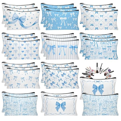 30pcs Blue Bow Makeup Bag Coquette Bow Cosmetic Bags for Women Preppy Pouch Travel Toiletry Bag Coquette Party Favors for Mother Bridesmaids Wedding Supplies - style: Blue Bow