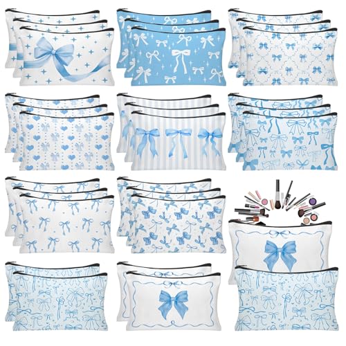 30pcs Blue Bow Makeup Bag Coquette Bow Cosmetic Bags for Women Preppy Pouch Travel Toiletry Bag Coquette Party Favors for Mother Bridesmaids Wedding Supplies - style: Blue Bow