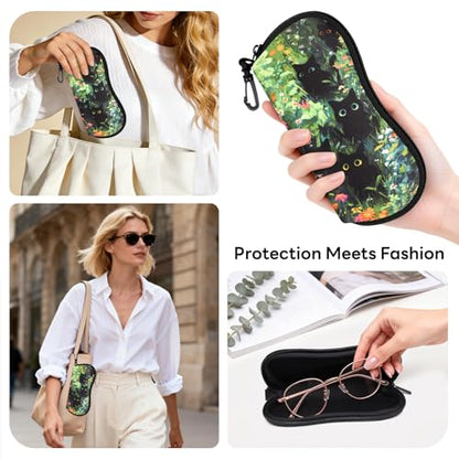 Sunglasses Case with Belt Clip, Ultra Light Neoprene Zipper Soft Padded Glasses Case for Women Men - color: Black Cats