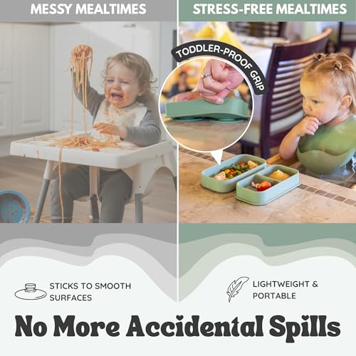 Baby Travel Essentials 6 Pc Silicone Feeding Set - Portable Toddler Plates with Suction, Baby Spoons & Foldable Bib in Carrying Case - BPA-Free Infant & Toddler Utensils for Airplanes & Eating Out - color: Green