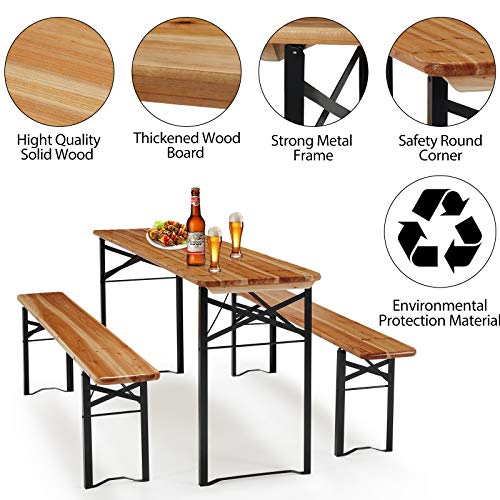 AVAWING 5.8FT 3-Piece Portable Picnic Table Bench Set, 6-8 Person Folding Wooden Dining Table Set，70" Patio Beer Table for Outdoor Activities Garden BBQs Parties Camping