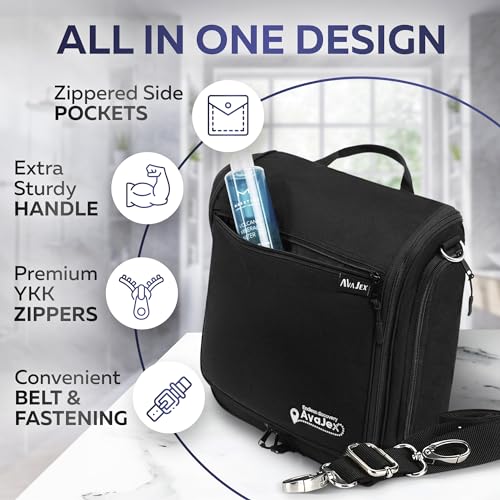 Extra Large (11.8”x11.8”x4”) Hanging Travel Toiletry Bag for Men and Women - Cosmetic Travel Bag With Shoulder Strap - Waterproof Hygiene Bag with Metal Swivel Hook and 19 Compartments for Toiletries - color: XXL Jet Black