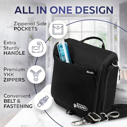 Extra Large (11.8”x11.8”x4”) Hanging Travel Toiletry Bag for Men and Women - Cosmetic Travel Bag With Shoulder Strap - Waterproof Hygiene Bag with Metal Swivel Hook and 19 Compartments for Toiletries - color: XXL Jet Black