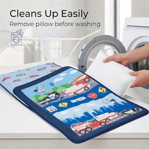 EVERYDAY KIDS Toddler Nap Mat with Removable Pillow -Fire Police Rescue- Carry Handle Fastening Straps Closure, Rollup Design, Soft Microfiber for Preschool, Daycare, Sleeping Bag -Ages 2-6 Years - color: Fire Police Rescue