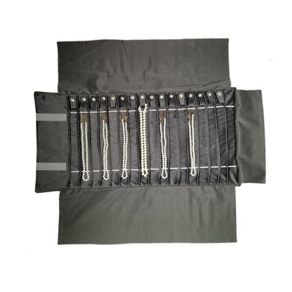 Portable Jewelry Roll Untangled Secure Necklace Travel Storage Bag Displays Holder 16 Chain (Pink PU and gray velvet) - color: Pink PU and gray velvet