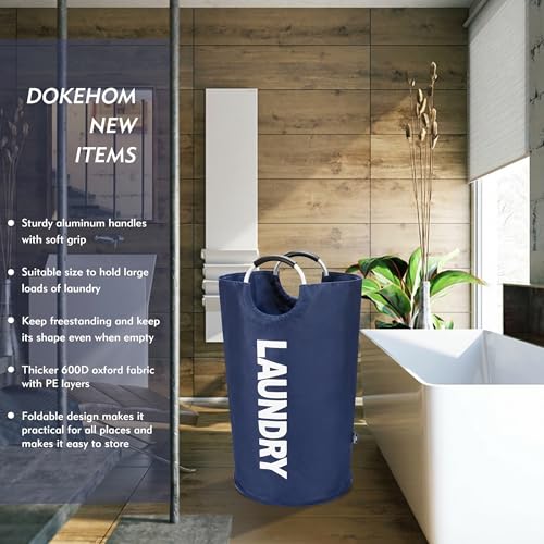 DOKEHOM 90L Large Laundry Basket, Collapsible Laundry Bag, Freestanding Tall Clothes Hamper, Foldable Washing Bin (Dark Blue) - color: Dark Blue, size: 90L