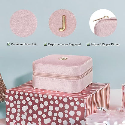 VLANDO Small Travel Jewelry Box Organizer Display Case for Rings Earrings Necklaces Storage, Selected Soft Velvet, Letter J Engraved, Pink - color: b. Powder Pink J