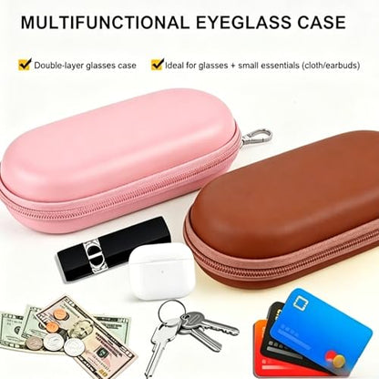 Double Glasses Case,Dual Eyeglasses & Sunglasses Organizer with Clip Zipper Closure for Travel 2 Pairs Storage Box - color: Pink