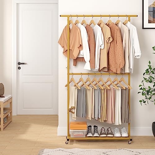 Sywhitta Double Rod Clothing Garment Rack, Rolling Coat Hanger with Bottom Mesh, Clothing Rack for Hanging Clothes, Coats, Skirts, Sweaters, Gold - color: Gold, size: With mesh