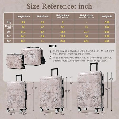 Merax Luggage Set,5 Piece Luggage with Handbag and Cosmetic Case,Harside Printing Suitcase with Wheels,Carry on Luggage Airline Approved(Pink Flower,8/14/20/24/28) - color: Pink Flower, style: 8/14/20/24/28
