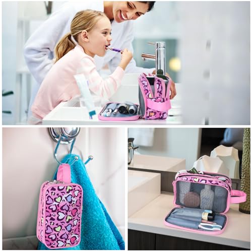 Cheetah Kids Toiletry Bag for Girls, Travel Toiletry Bag for Little Young Girls Cosmetic Bag Makeup Bag Waterproof Hanging Wash Bag Toddler Toiletries, Pink Leopard - color: Cheetah-Pink