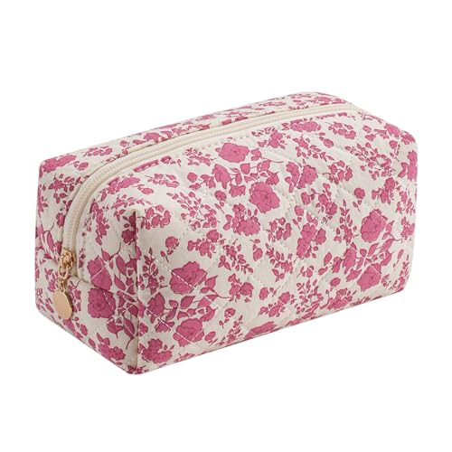 Gleyemor Small Quilted Makeup Bag for Women, Cute Floral Bow Cosmetic Bag, Emergency Bag Travel Toiletry Cotton Pouch Gifts for Girls Her Mom Friend Sister Bridesmaid (Red Floral) - color: Red Floral