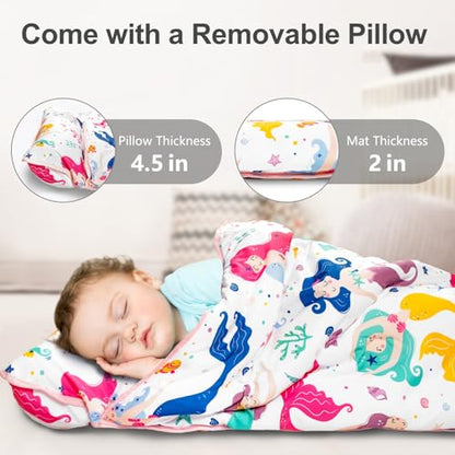 Primlect Thickened Toddler Nap Mat with Removable Pillow and Minky Blanket, Extra Large 55''x35'' Sleeping Bag, Washable, Roll up, Perfect for Daycare, Preschool, Kindergarten, Boys and Girls Mermaid - color: Mermaid
