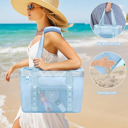 Yarwo Beach Bag for Women, Sandproof Swim Tote Bag with Cooler Compartment and Wet & Dry Pockets for Pool Cruise Vacation - color: Blue