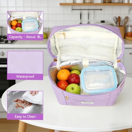 Voova Lunch Bag for Women, Insulated Lunch Box with Shoulder Strap, Adult Reusable Lightweight Nylon Waterproof Lunchbox Lunch bags for Work, Purple - color: Purple