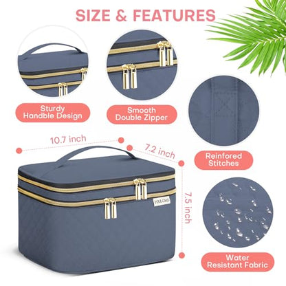 HXLGMD Large Makeup Bag with Mirror Double Layer Travel Make Up Organizer Case, Large Capacity Coemetic with Brush Slot Divider, Travel Toiletry Bag for Women (Aegean Blue) - color: Aegean Blue