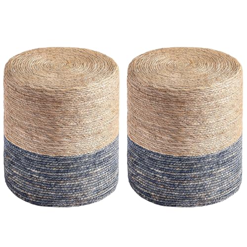 Wimarsbon Round Pouf Ottomans, Handwoven Natural Water Hyacinth Seagrass Pouffe,Outdoor Rattan Stool Accent Seat, Bohemian Coastal Home Decor (2pcs 14inch Natural Cattail-Blue) - color: 2pcs 14inch Natural Cattail-blue