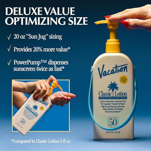 Vacation Classic SPF 50 Sunscreen Lotion, 20 Fluid Ounces - Invisible, No White Cast, Water-Resistant, Body Sunscreen, Dermatologist-Tested, Family Size, Vegan, - size: 20 Fl Oz (Pack of 1), style: SPF 50